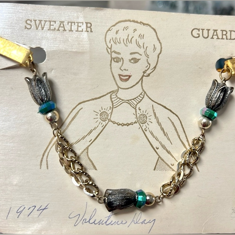 Vintage Gold, Green and Silver Sweater Guard from the 1960s/70s